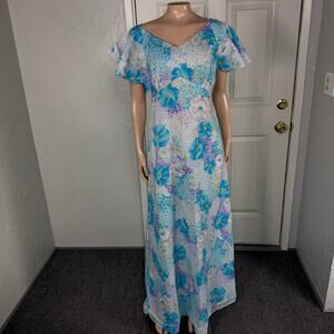 Vintage 70s Kiholo Fashions Hawaii Women's Dress 12 Maxi Polyester Floral G3-7